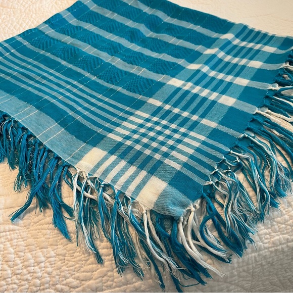 ALDO Square Scarf with Fringe. Aqua Blue, white and Silver Thread. - Picture 5 of 8